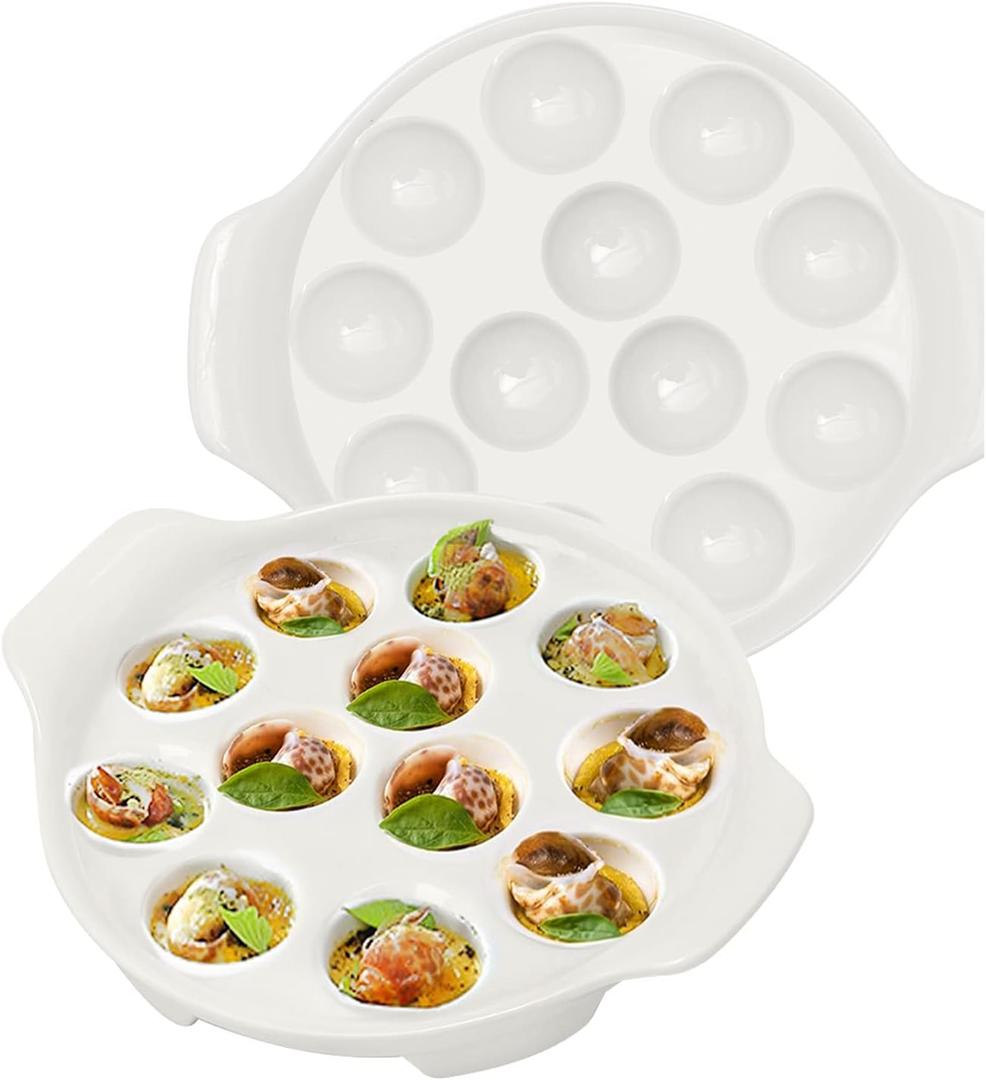2pcs Ceramic Escargot Dish with 12 holes 9.2 Inch Snail White Ceramic Plates Diet Plate
