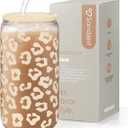 SANDJEST Leopard Glass Can, Beige Leopard Print Cup with Lid & Straw, Iced Coffee Aesthetic Cups, Gift for Christmas Birthday Mother Day, Gifts for Women, 16oz