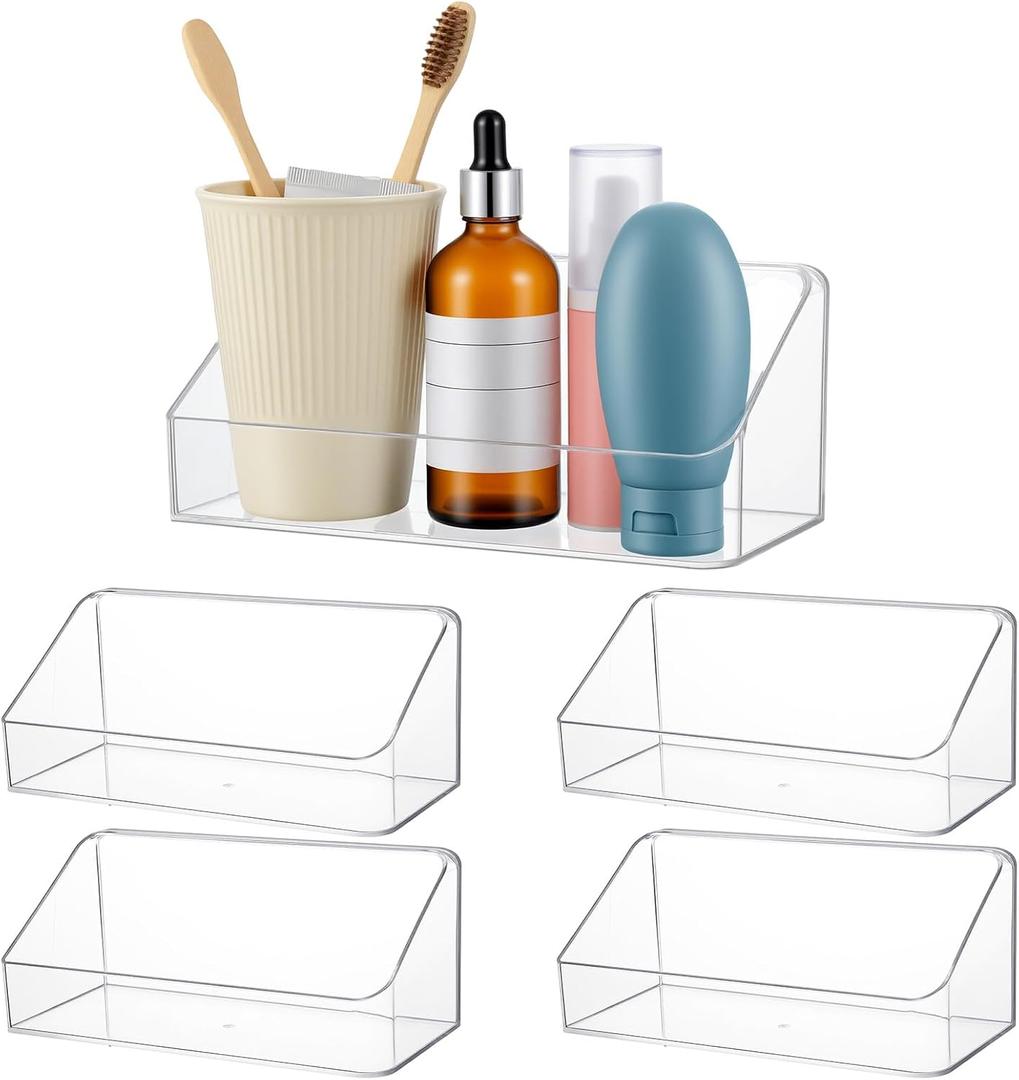 4 Pack Clear Wall Mounted Storage Organizer  No Drill Adhesive Shelves for Bathroom, Kitchen, Bedroom, Mirror Cabinets  Transparent PS Plastic Organizer Bins (7.9 x 3.4 x 3.3)