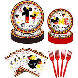 XXDecor 80 Pcs Red Cartoon 1st Birthday Party Plates - Boys One Birthday Dessert Plates Napkins Forks Tableware Kit for Boys 1st Bday Party Decorations Supplies (20 Guests)