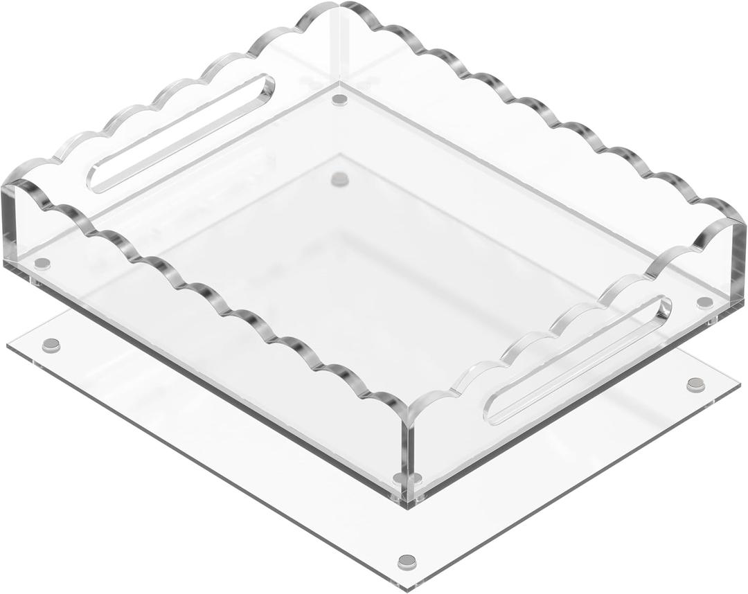 GRAHAM DESIGN 10x12 Rectangular Scalloped Acrylic Tray with Handles & Magnetic Mat – Clear Decorative Serving Tray, Vanity Organizer & Photo Display, Anti-Slip Coffee Table Decor Gift