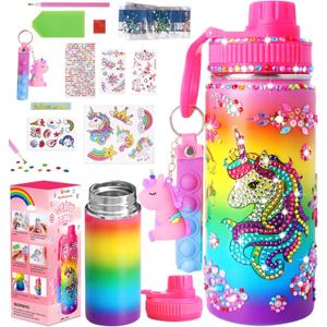 Wninbu Decorate Your Own Water Bottle Kits for Girls, Stainless Steel Unicorn Water Bottle Girls, Arts and Crafts Ages 4-6-8-10, Gem Art Unicorn Toys Gifts Birthday Christmas Stocking Stuffers (Unicorn)