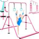 Folding Gymnastics Bar with Rings, Foldable Kip Bar with Sturdier Base, Training Bar for Kids Ages 3-10, Horizontal Bar, Home Gym Equipment for Boy Girl, 38'' Long Square Base, Pink