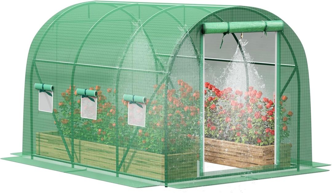 Greenhouse with Watering System, 10x7x7 Outdoor Greenhouse with 6 Mesh Windows and 1 Door, Easy Water and Irrigate Plants Green House (Green, 10x7x7 ft w/ Irrigation System)