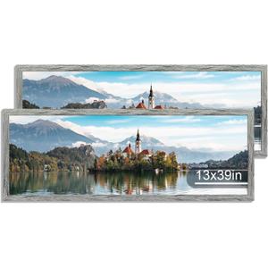 Hongkee 13x39 Puzzle Frame 2 Packs, Real Glass and Rustic Grey Wood Frame, Display Panoramic 13 x 39 Picture Frames - Horizontal or Vertical Wall Mounting
