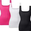 EUYZOU Women's Tummy Control Shapewear Tank Tops Seamless Square Neck Compression Tops Slimming Body Shaper Camisole (Black/White/Rose 3pk) Small
