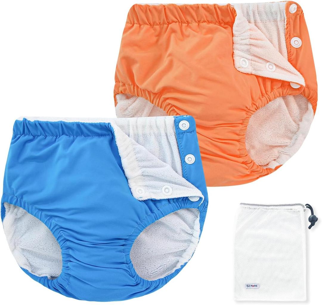 EZ Moms 2 Packs Reusable Swim Diapers Toddler Baby Swim Diaper Size 2 Washable Snap Pool Swimming Diaper 18-24 Months Soft Waterproof Diapers for Swimming Lessons Boys and Girls with a Laundry Bag