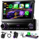 Single Din Flip Out Car Stereo Touch Screen Wireless Carplay Android Auto, 7 inch Car Radio 1 Din Bluetooth Support SWC FM/EQ USB Type-C, Car Audio Receiver MP5 Player with Backup Camera