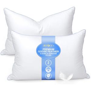 Goose Feather Pillows Queen Size Pack of 2 - Down Hotel Bed Pillows for Sleeping, Soft 600 Thread Count Cotton Cover, Fluffy Support Surround Fill Polyester for Side, Back, Stomach Sleepers