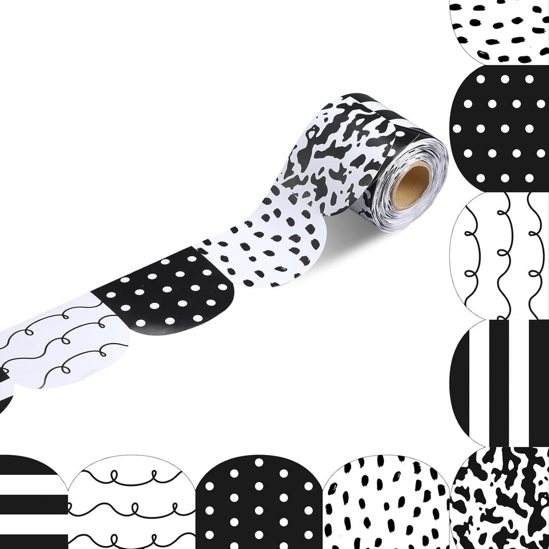 Fuutreo 50 Feet Black and White Scalloped Bulletin Board Border 5 Styles Black White Squiggles and Dots Classroom Borders Trim Rolled Die Cut for Bulletin Board Chalkboard School Teachers Wall Decor
