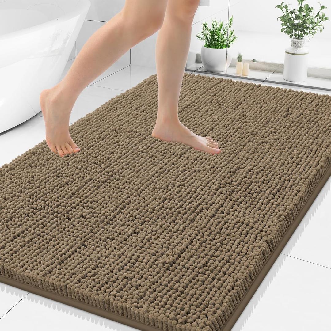 Smiry Luxury Chenille Bathroom Rugs 50x30, Extra Soft and Absorbent Shaggy Bath Mat, Machine Washable, Non-Slip Plush Carpet Runner for Tub, Shower, and Floor, Home Decor Accessories, Camel