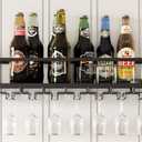 Wall Mounted Wine Rack Black with Glass Holder 30in Metal Bottle Holder Hanging Multi-Functional Wine Storage Display Rack for Home Bar Dining Room Kitchen (Black, 1-Tier)