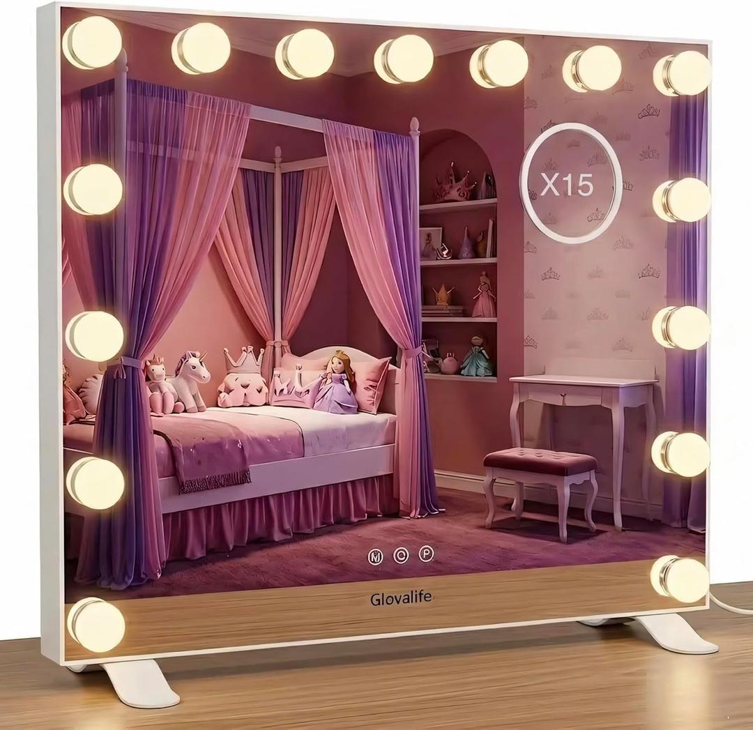 Vanity Mirror with Lights, Large Hollywood Lighted Mirror, LED Bulbs with 3 Colors Lighting, USB & USB C Charging Port, Touch Control, Glass Tempered, White 22.8" X 18.1"