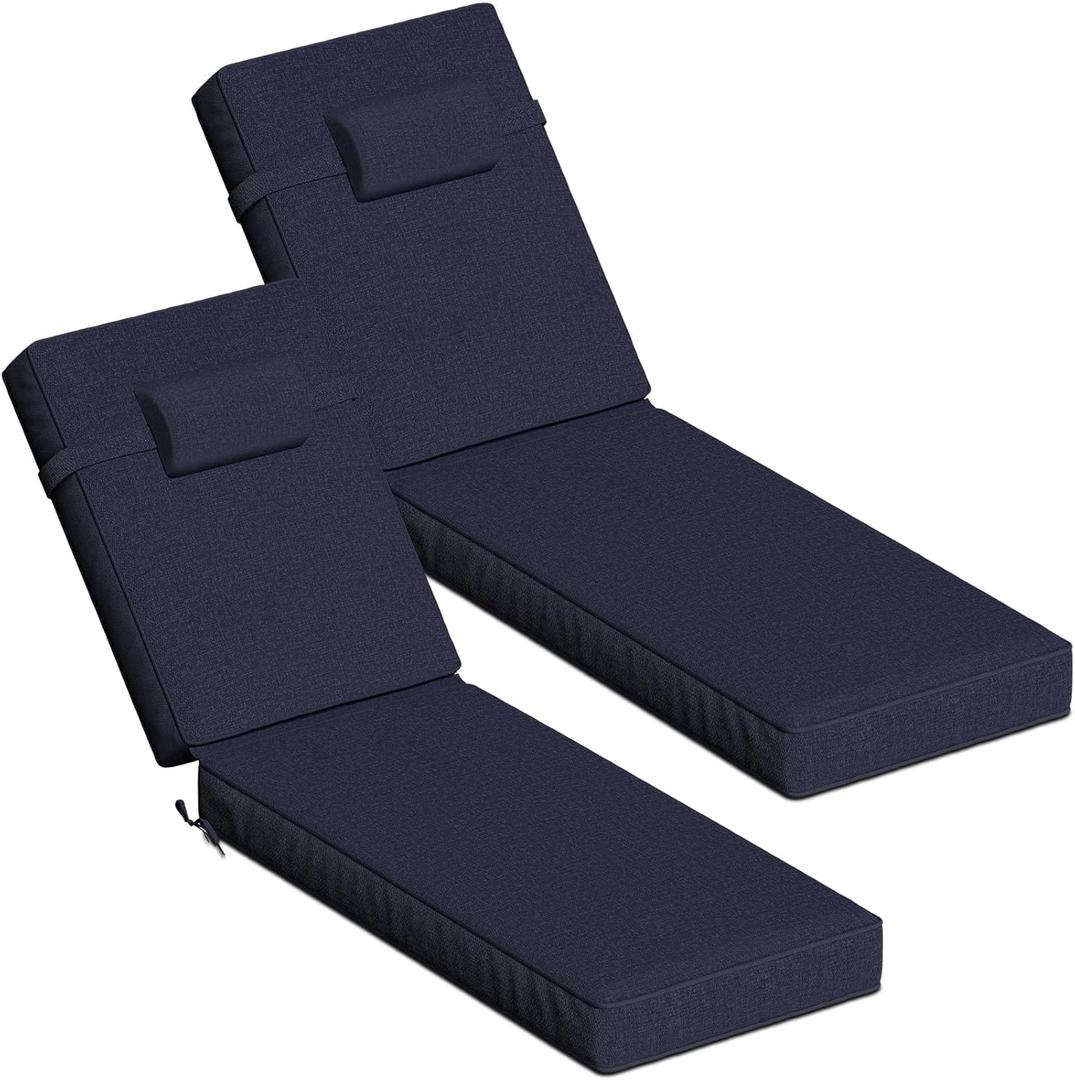 72 x 21 x 4 Inch Olefin Chaise Lounge Cushions, Lounge Chair Cushions with Headrest for Outdoor Furniture - Weather and Fade Resistant Patio Replacement Furniture Lounge Chair Cushions Set of 2 (Navy Blue)