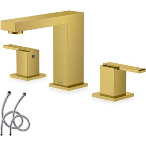 KENES Brushed Gold Widespread Bathroom Faucet 2 Handle, 3 Hole, Gold 8-Inch 3 Pieces Bathroom Vanity Lavatory Faucet with Supply Lines, KE-9050-4 (Widespread, Brushed Gold)