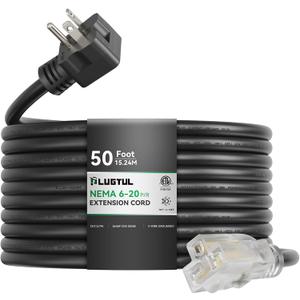 PLUGTUL NEMA 6-20 Extension Cord 50FT, Heavy Duty Extension Cord with Lighted Outlet, 20A/250V, 12Gauge SJTW, ETL Listed, 6-20P to 6-20R (T Blade Female Adapter) - Black