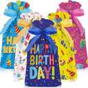 Pasimy 50 Pcs Birthday Drawstring Bags Birthday Favor Bags Birthday Gift Bag Colorful Birthday Pouches Confetti Birthday Plastic Treat Candy Goodies Bag for Birthday Party Supplies