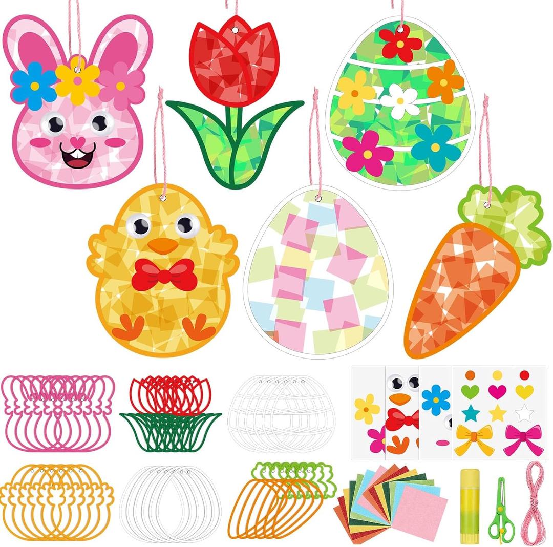24 Pack Easter Suncatcher Craft Kit Easter Paper Crafts Stained Glass DIY Window Art Kit Bunny Egg Carrot Ornament 1400 Tissue Paper Window Decor for Classroom Art Party Favor Supplies