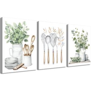 YFvrPt Sage Green Kitchen Wall Art Set of 3, Eucalyptus Leaves Plant Dining Room Painting Wall Decor, Boho Botanical Canvas Poster Print Farmhouse Pictures for Home Decoration Framed 16"x24"