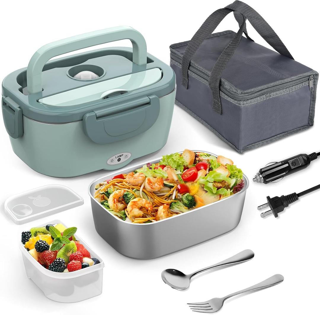 WisaKey Electric Lunch Box Food Heater, 60W-80W Heated Lunch Box for Adults, 12V 24V 110V Portable Food Warmer LunchBox for Car Truck Work with Removable 304 Stainless Steel Container, Carry Bag