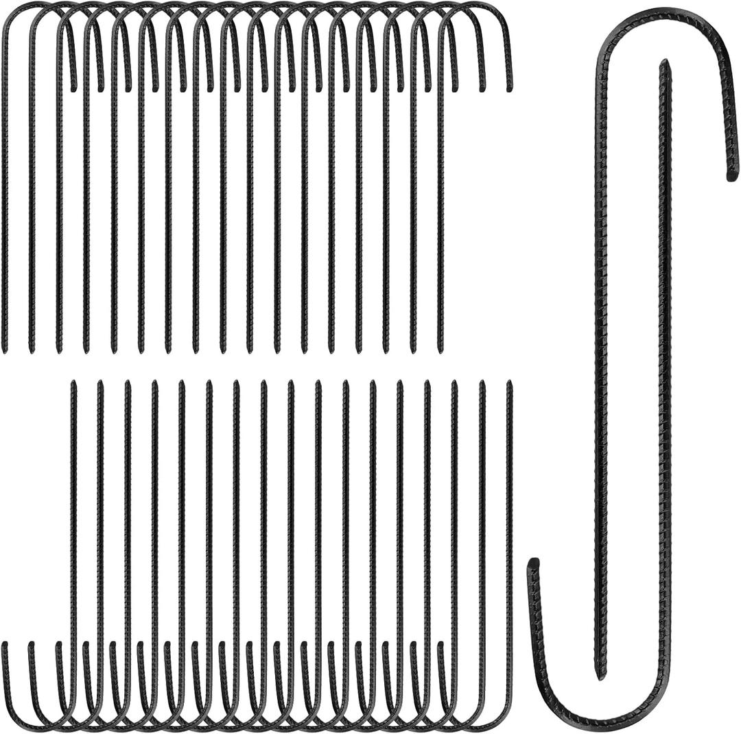 Black Galvanized Rebar Stakes, J Hook Ground Anchors for Trampoline, Fence, Camping Tent, 12 Inch, 36 Pack