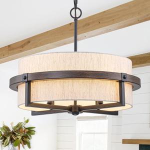 22" Bronze Drum Chandeliers for Dining Room with Off-White Fabric Shade