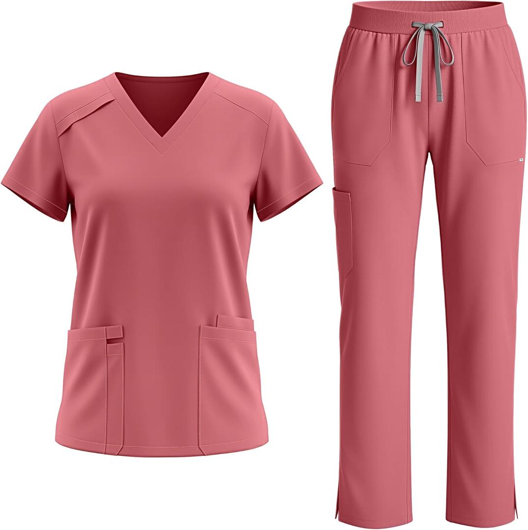 Scrubs Set for Women - Medical Uniform Sets with V-Neck Top & Straight Leg Pants, 9 Pockets, Slim Fit,Utility strap, Medium