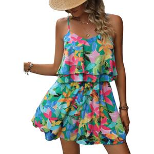 Women's Boho Wide Leg Short Romper Spaghetti Strap Layered Ruffle Vacation Summer Jumpsuit (Medium, Green)