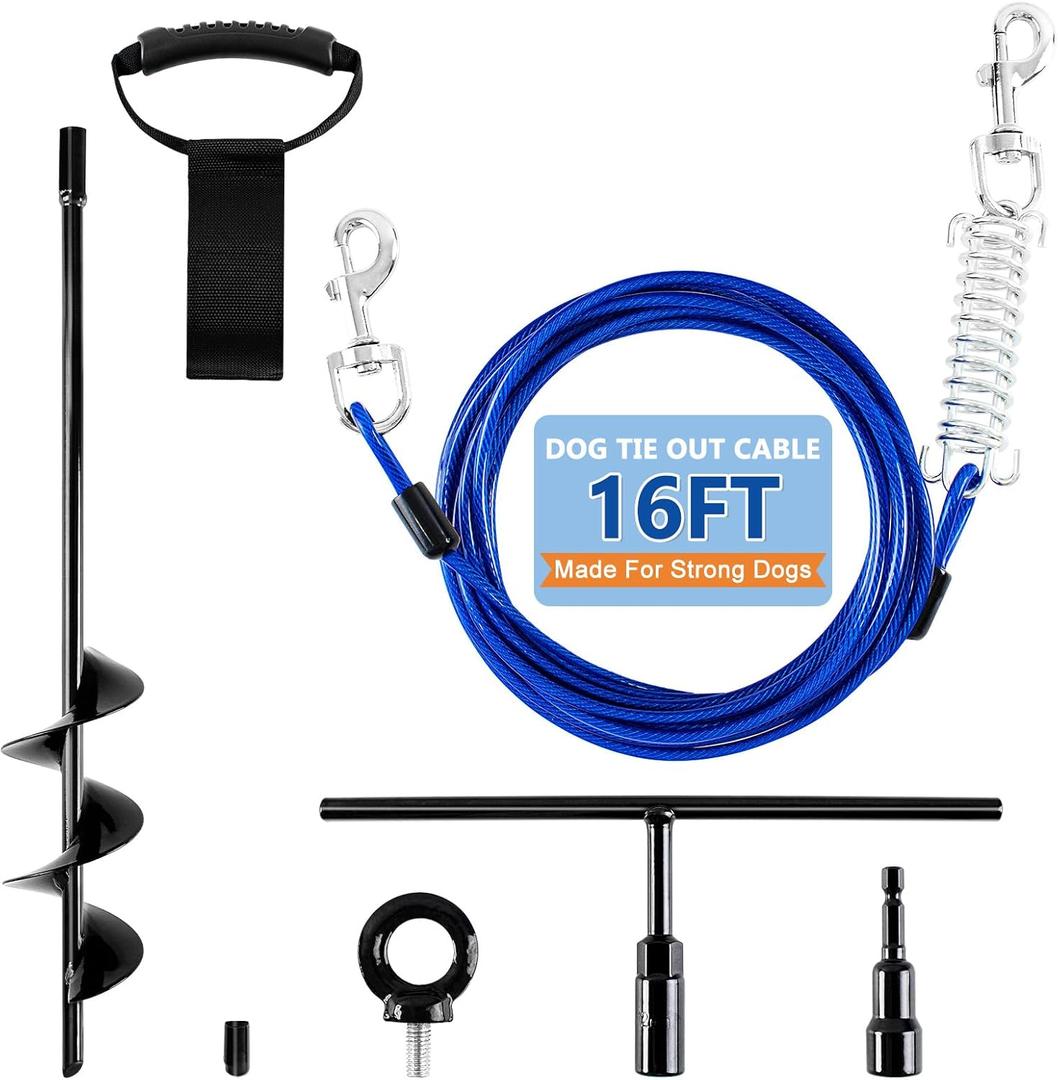 Heavy Duty Dog Tie Out Cable and Stake,Chew-Proof Dog Leads with Spring and Strap,Anti-Rust Ground Anchors with Extended T-Wrench,Dog Runner for Small Medium Dogs,for Yard Camping Beach,16FT