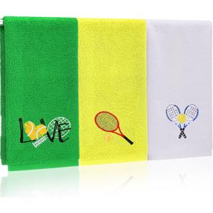 Mindsoft 3pcs Tennis Hand Towels Cotton Embroidered Racket Love Bathroom Towels for Women Men Cotton Absorbent Soft Kitchen Towel Tennis Lover Gift for Player Team Sports, 14 x 29 Inch (Green, White, Yellow)
