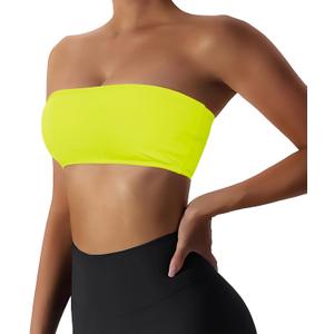 Boudaner Womens Padded Bandeau Sports Tube Top Bra Strapless Wireless Solid Seamless Yoga Workout Bralette (Yellow, L)