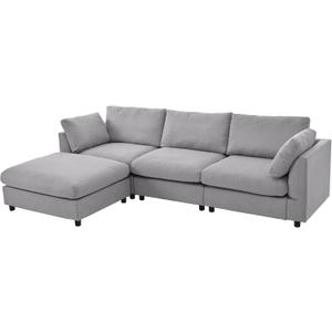 Deep Seat Convertible Sectional Sofa with Movable Ottoman, Comfy Polyester Blend Upholstery Corner Couch with Throw Pillows, 3-Seater L Shaped Sofa&Couches for Living Room Furniture Set