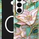 Compatible with MagSafe Case for Samsung Galaxy S23 Ultra, Cute Aesthetic Stained Glass Lily Flower Magnetic Design Phone Case, Soft TPU and Hard PC Protective Phone Cover for Women Girls