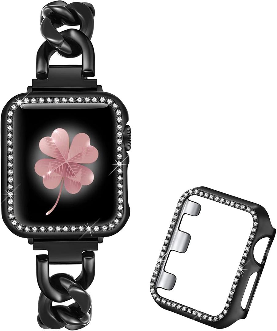 Dilando Cool Chain Metal Link Bands Black Compatible with Apple Watch 38mm 40mm 42mm 44mm Women with Bling Case, Stainless Steel Band with Bling Case for Iwatch SE Series 8 7 6 5 4 3 2 1(Black, 38mm)