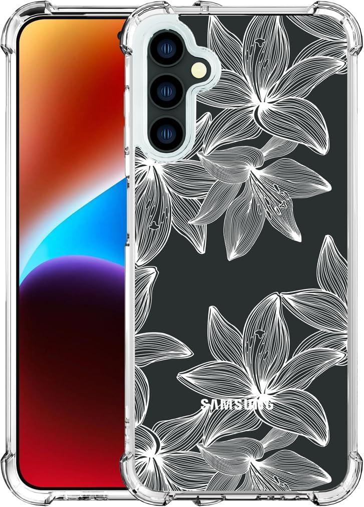 for Samsung Galaxy S24 & S25 Case - Clear Floral White | Cute Transparent Phone Cases for Women with Design, Girls Girly with Heavy Duty Protective Bumper
