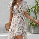 Womens Wrap V Neck Short Sleeve Dress 2025 Summer Floral Boho Dress Ruffle A Line Flowy High Low Midi Dresses (M)