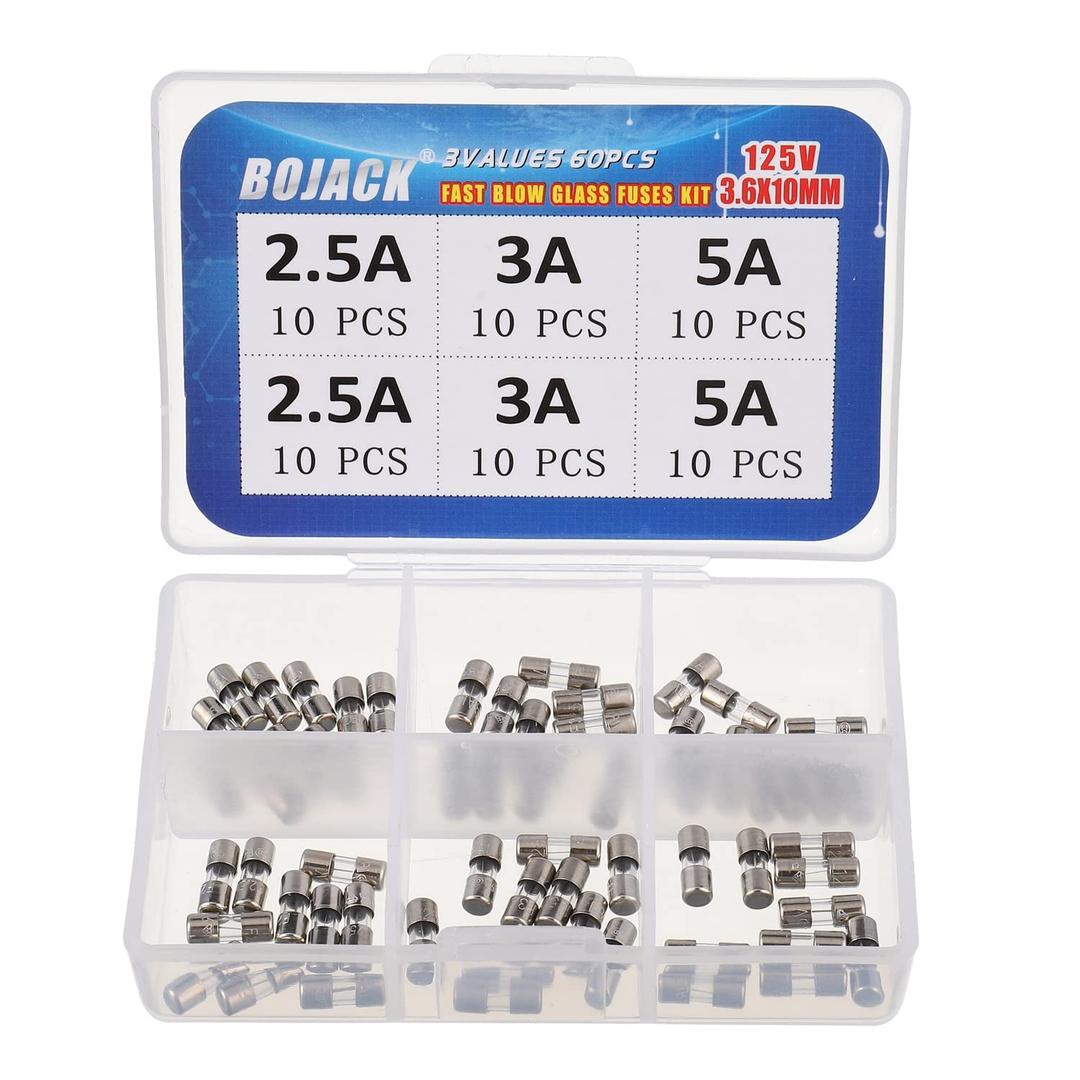 BOJACK 125V Fast-Blow Glass Fuse Assortment Kit, 3.6x10mm, 60pcs (2.5A, 3A, 5A), Surface Mount, BOJACK-BJ-6V60P-125V