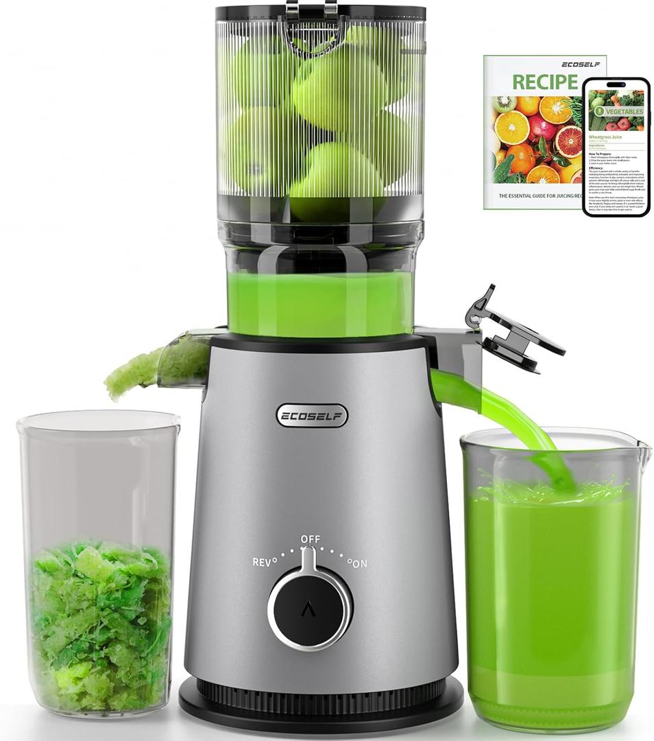 Cold Press Juicer, ECOSELF Juicer Machines with Large Feed Chute Fit Whole Fruits & Vegetables, Self Feeding for Juice Extractor Machine, Easy to Clean and Assemble, High Juice Yield (Light Gray)