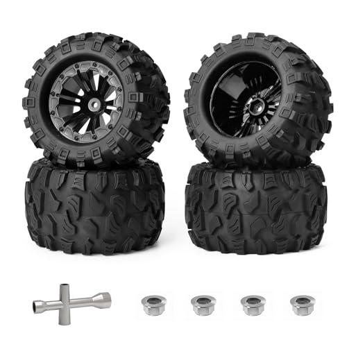 Hosim 75mm RC Wheels and Rubber Tires 12mm Hex for Redcat Volcano 1/10 Scale RC Car Parts, for Traxxas Rustler Stampede 4x4 VXL Hoss,for RIAARIO AMORIL RC Truck Tires RC Vehicle Tires Preglued 4PCS Missing Tools