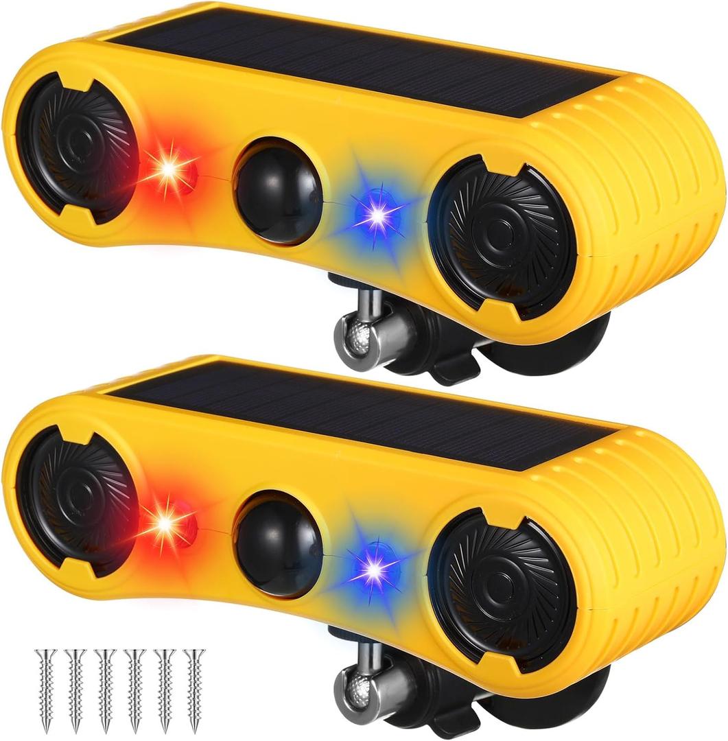 Qualirey Solar Outdoor Motion Sensor Alarm 2 x 129db Loud Noise Maker 13 Sound Detector Strobe Light, 4 Modes Animal Deterrent Dog Barking Alarm Mount on Ground or Fence for Garden Yard (Pack of 2)