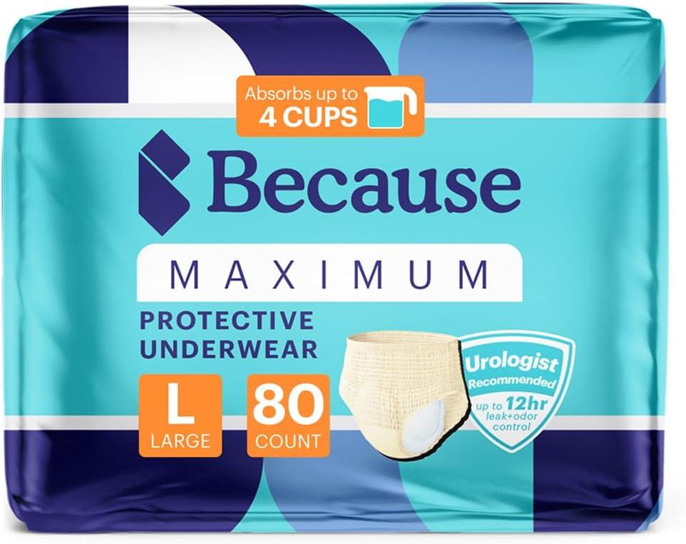 Because Premium Maximum Plus Adult Incontinence and Postpartum Bladder Leak Underwear for Women, Maximum Absorbency, Disposable, Beige, Large, 80 Count (4 Packs of 20)