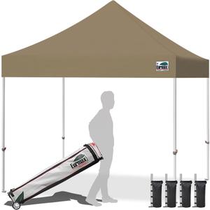Eurmax USA 10x10ft Pop Up Canopy,Commercial Instant Tent for Outdoor Events,Patented No-Tip Rolling Storage Bag with 4 Sandbags,UV & Water Resistant,Heavy Duty Portable Shelter Gazebo,Khaki