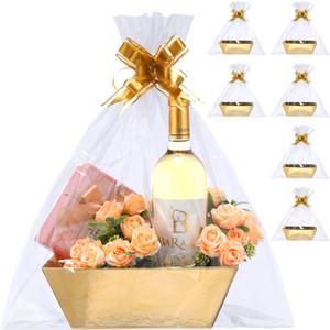 Patelai 22 Pcs Basket for Gifts Empty Kit Includes 6 Pcs 9.8x6.5 Thick Kraft Gift Basket to Fill 6 Clear Bags 10 Bows Empty Gift Baskets for Easter Mother's Day Birthdays Wedding Package(Gold)