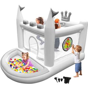 Inflatable Bounce House for Kids, PVC Small Bouncy Castle Outdoor with Basketball Hoop, Ball Pit, Rings, Target Game, Jumping, Pump Included, 98"L x 70"W x 65"H