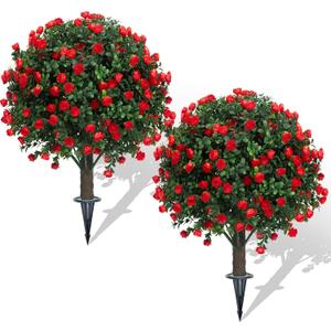 Set of 2 Artificial Boxwood Topiary Ball Trees with Red Flowers for Outdoor with Ground Spike 22", UV Resistant Faux Greenery Shrubs, Fake Plants for Garden, Yard, Porch, Patio Valentine's Day Decor