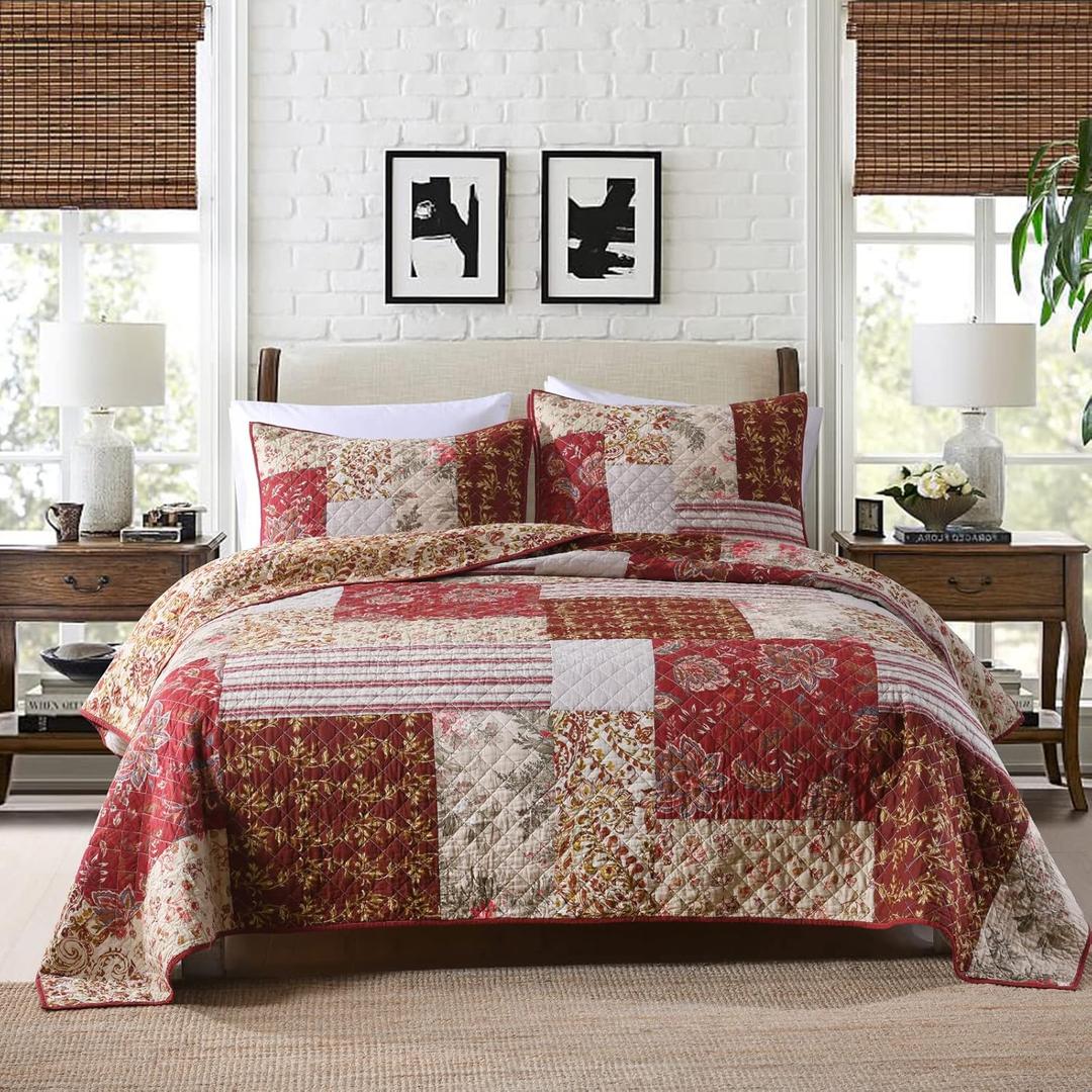 Yvooxny Quilt Set Queen Bedspread Country Farmhouse Cottage Vintage Ditsy Floral Paisley Style Reversible Lightweight Coverlet Set Real Patchwork Quilt for All Seasons, Antique Rose, Queen Size