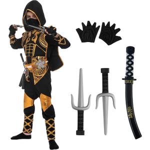 Spooktacular Creations Golden Ninja Costume Set, Ninja Jumpsuit with Foam Accessories for Kids, Toddler Halloween Outfit for Ideas Cosplay Party (Large, 10-12 yrs)