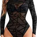 Avidlove Womens Mesh Long Sleeve Bodysuit Round Neck Sheer Leotards Geo Print Bodysuit Top with Snap Crotch (Medium)