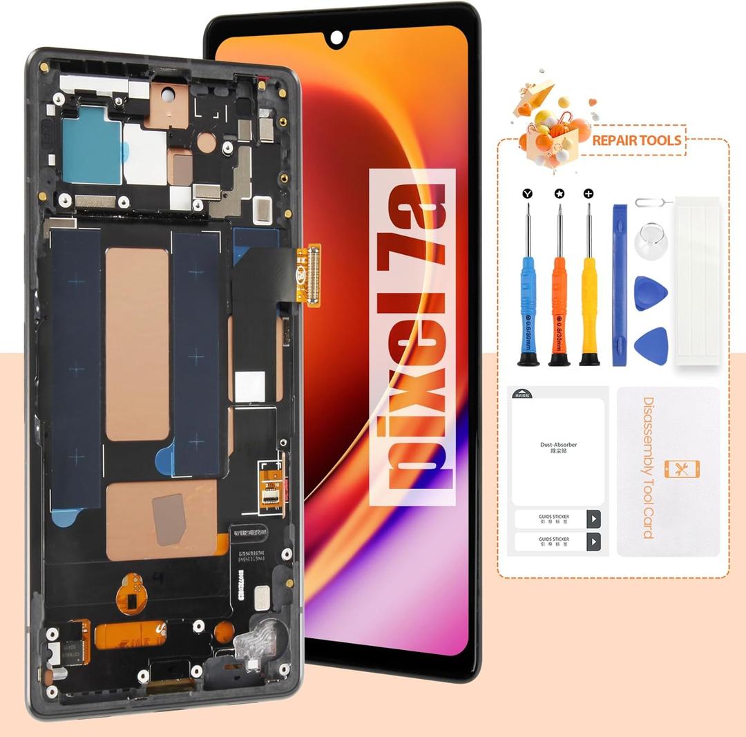 OLED Screen for Google Pixel 7A Screen Replacement for Pixel 7a 5G LCD Screen GWKK3,GHL1X,G0DZQ,G82U8 Touch Display Digitizer Assembly Repair Parts with Frame(Black with Fingerprint Function