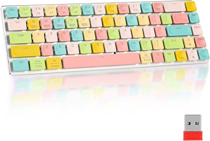 65% Wireless Mechanical Gaming Keyboard - 68 Keys RGB Backlit, Low-Profile Clicky Blue Switches, Ultra-Slim Design, Triple-Mode (2.4G/BT5.0/USB-C), for Office/Gaming - Colorful Edition
